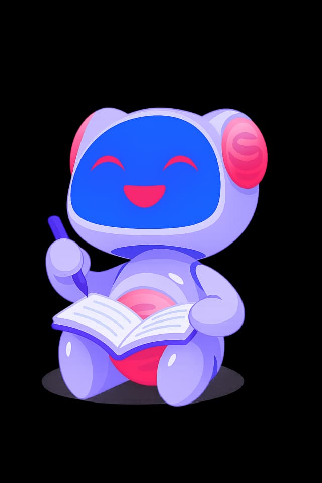 Cofbot, mascote da MedCof, estudando com um caderno
